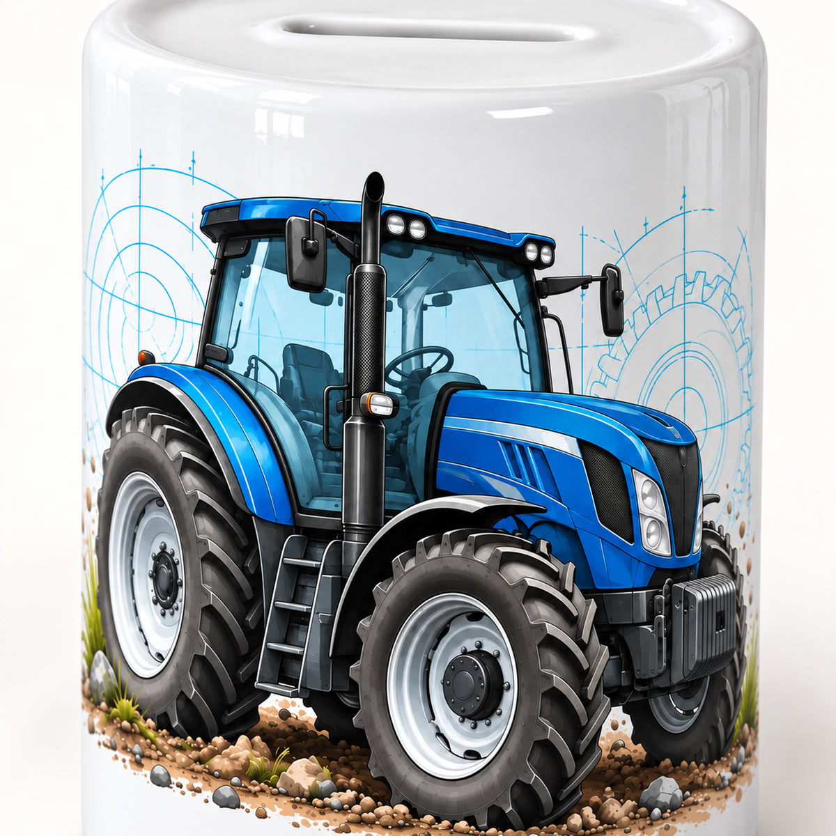 Blauer Traktor mit Reifenspuren: personalisierte Keramik-Spardose, motivdetail