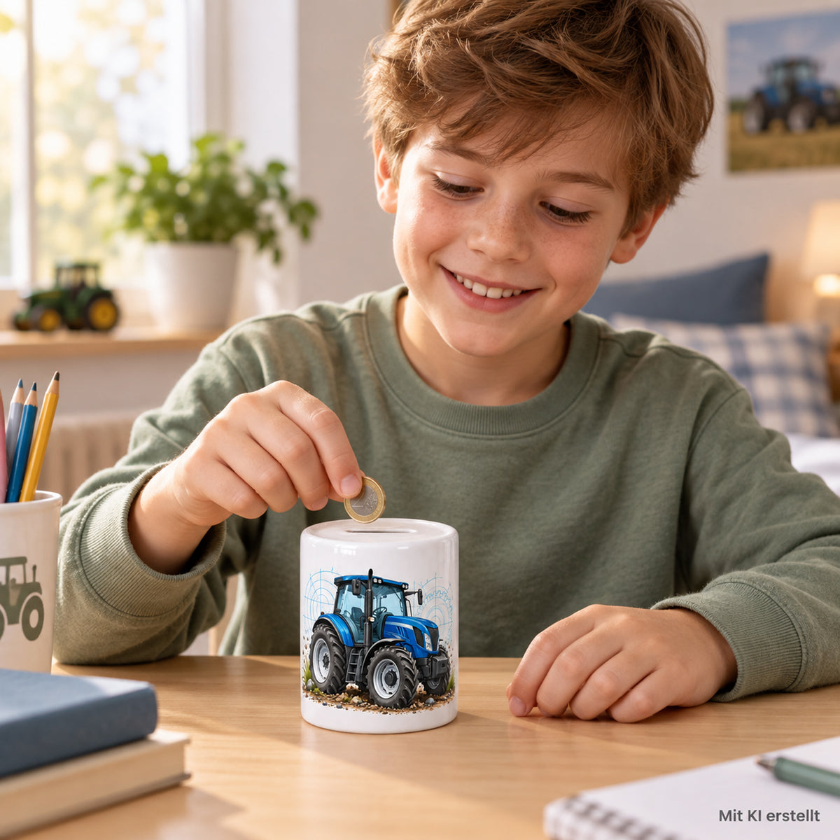 Blauer Traktor mit Reifenspuren: personalisierte Keramik-Spardose, beim sparen mit Kind beim Einwerfen einer Münze, mit KI erstellt