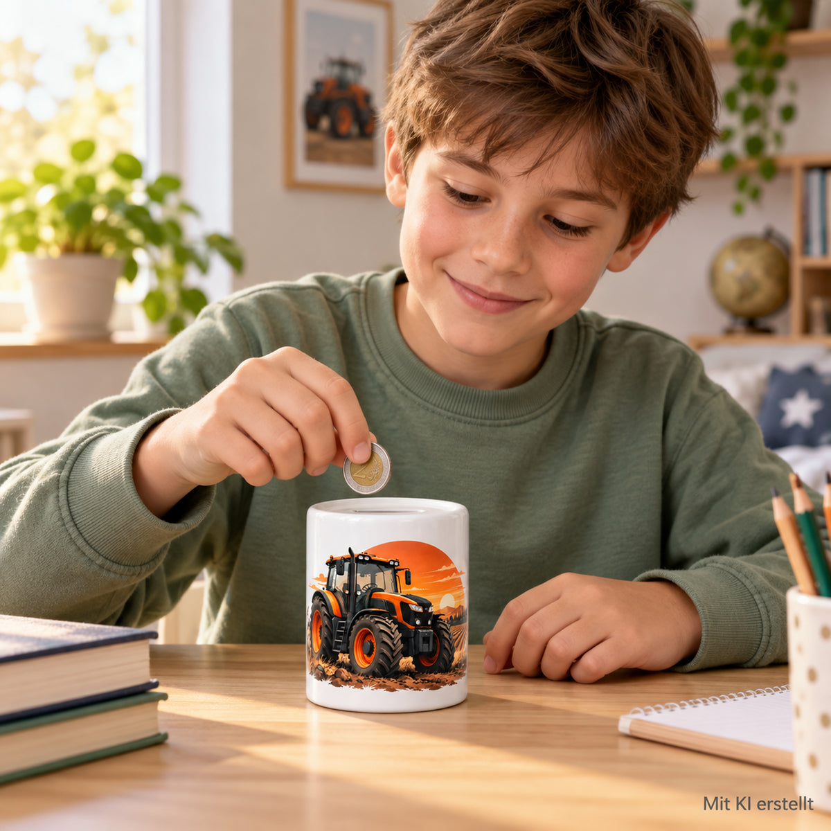 Oranger Traktor im Abendlicht: personalisierte Keramik-Spardose, beim sparen mit Kind beim Einwerfen einer Münze, mit KI erstellt