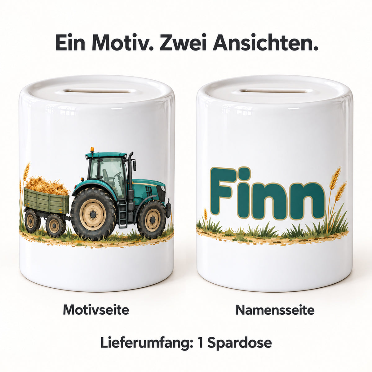 Türkiser Traktor mit Anhänger: personalisierte Keramik-Spardose, beide seiten mit Beispielname Finn