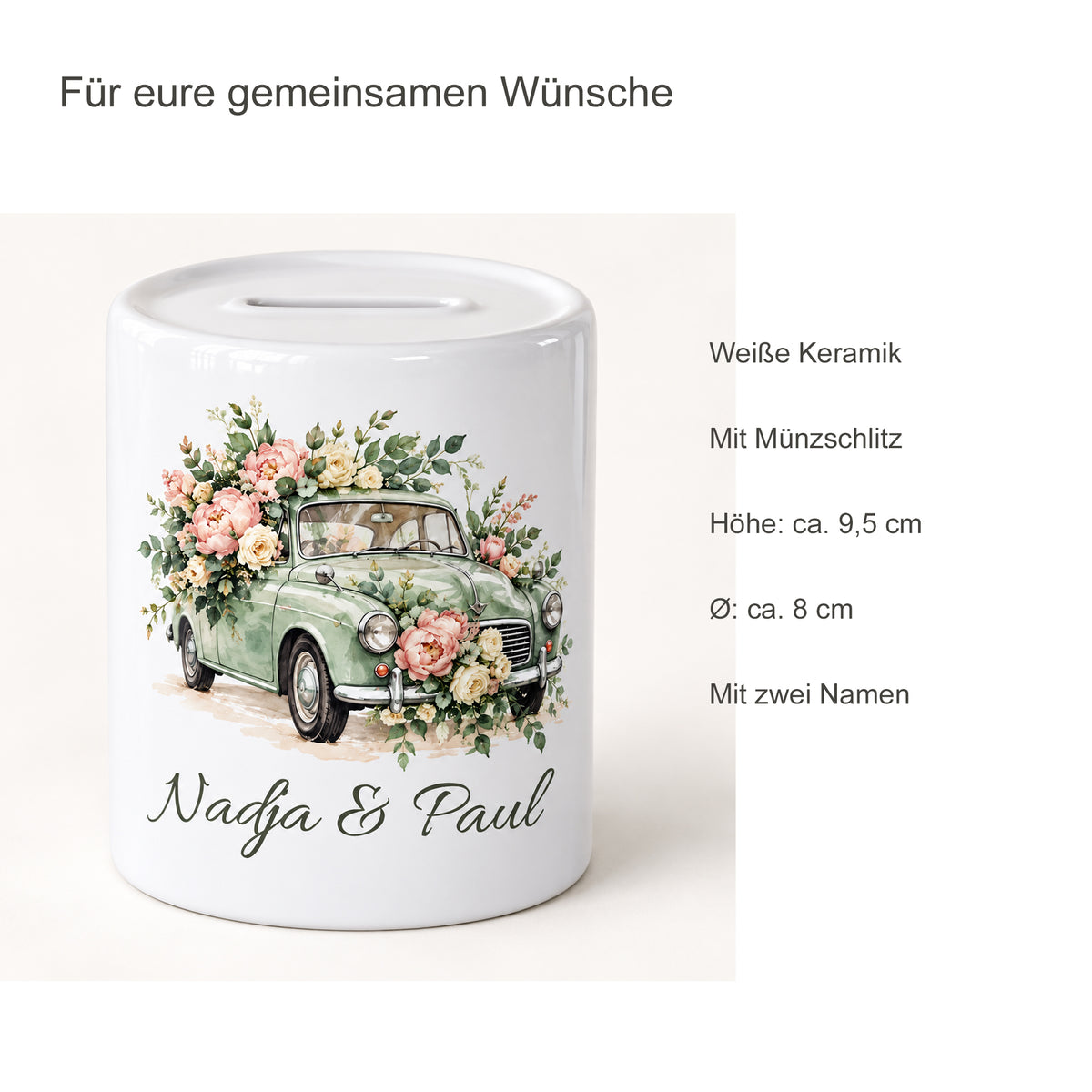 Salbei & Rosen: produktdetails der personalisierten Hochzeits-Spardose mit Nadja und Paul