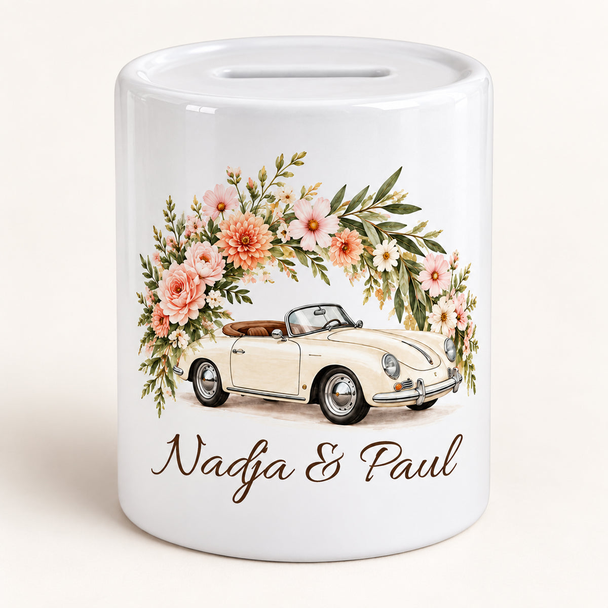 Cabrio & Apricot: hauptbild der personalisierten Hochzeits-Spardose mit Nadja und Paul