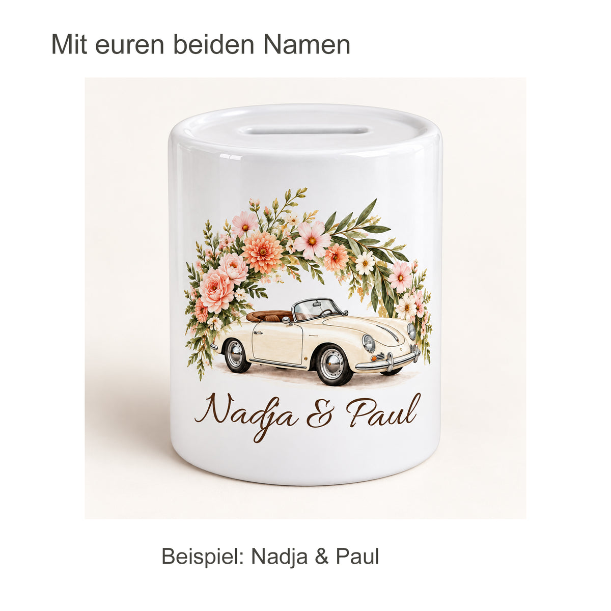 Cabrio & Apricot: personalisierung der personalisierten Hochzeits-Spardose mit Nadja und Paul