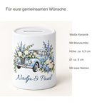 Hellblau & Blüten: produktdetails der personalisierten Hochzeits-Spardose mit Nadja und Paul