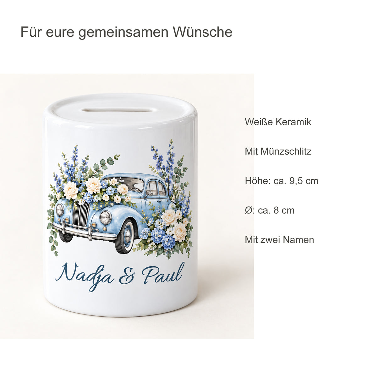 Hellblau & Blüten: produktdetails der personalisierten Hochzeits-Spardose mit Nadja und Paul