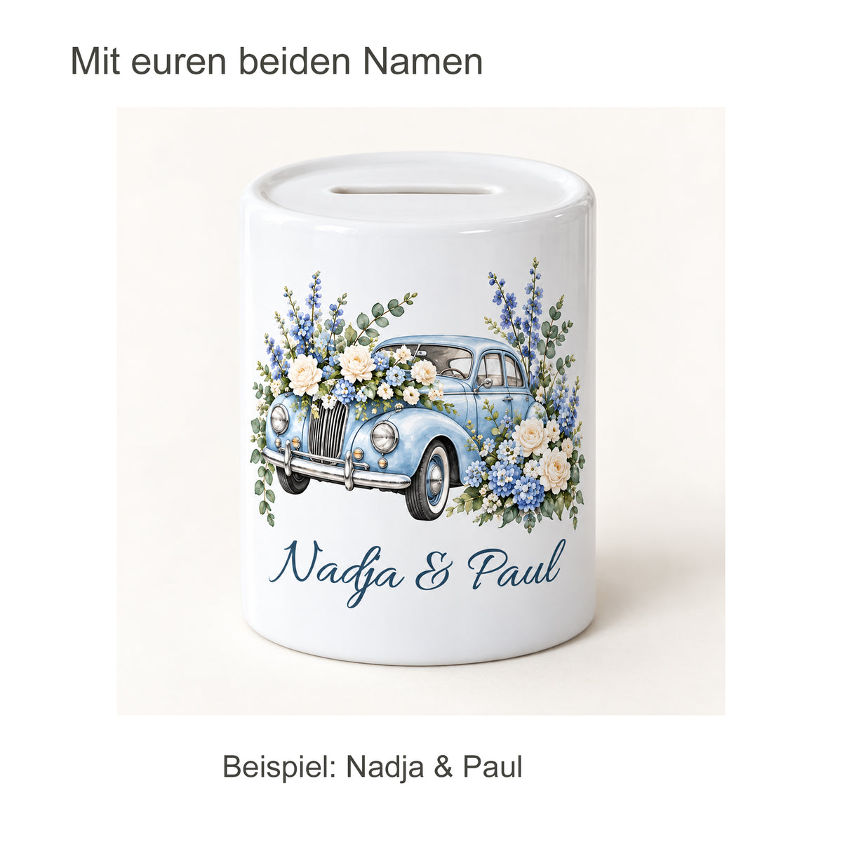 Hellblau & Blüten: personalisierung der personalisierten Hochzeits-Spardose mit Nadja und Paul