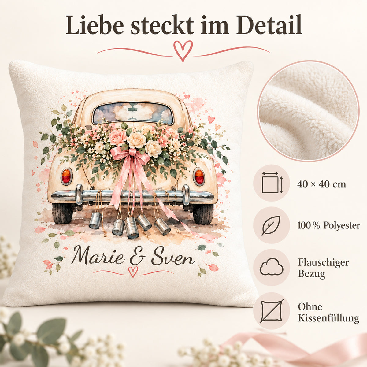 Produktdetails: Hochzeitsauto-Kissenbezug, 40 × 40 cm, Polyester, ohne Füllung.