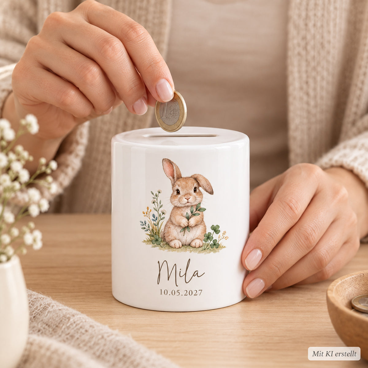 Hase mit Blätterzweig: Spardose mit Beispielname Mila und Datum 10.05.2027, Beim Sparen; mit KI erstellt