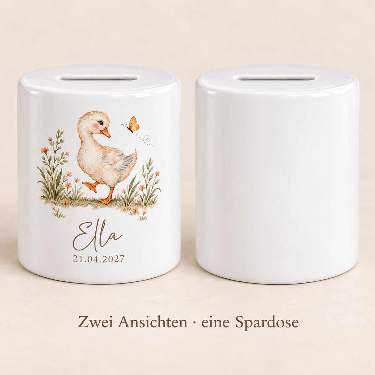 Gans mit Schmetterling: Spardose mit Beispielname Ella und Datum 21.04.2027, Zwei Ansichten