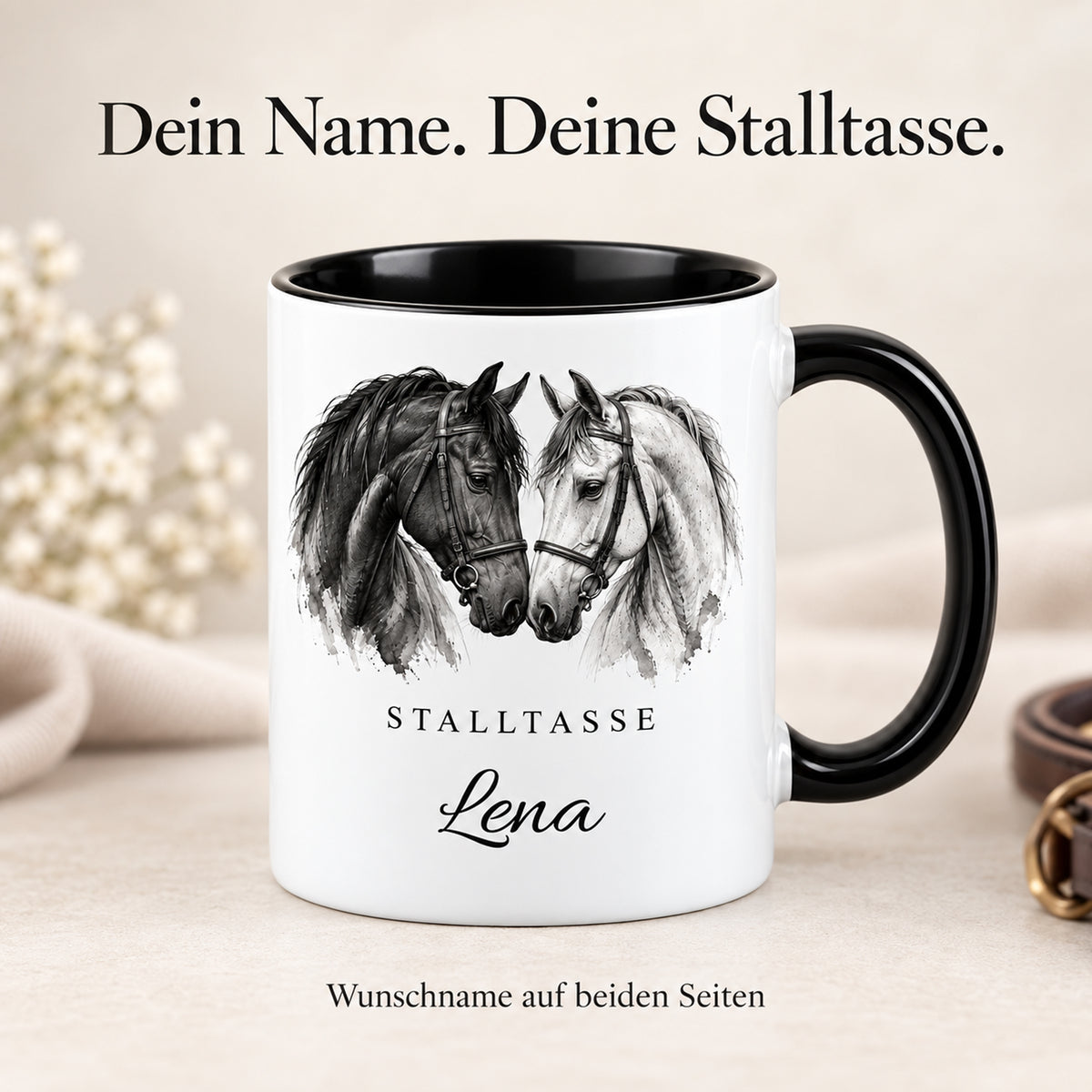 Stalltasse mit Namen Lena – Verbundenheit, schwarzer Henkel und Innenraum – Personalisierung