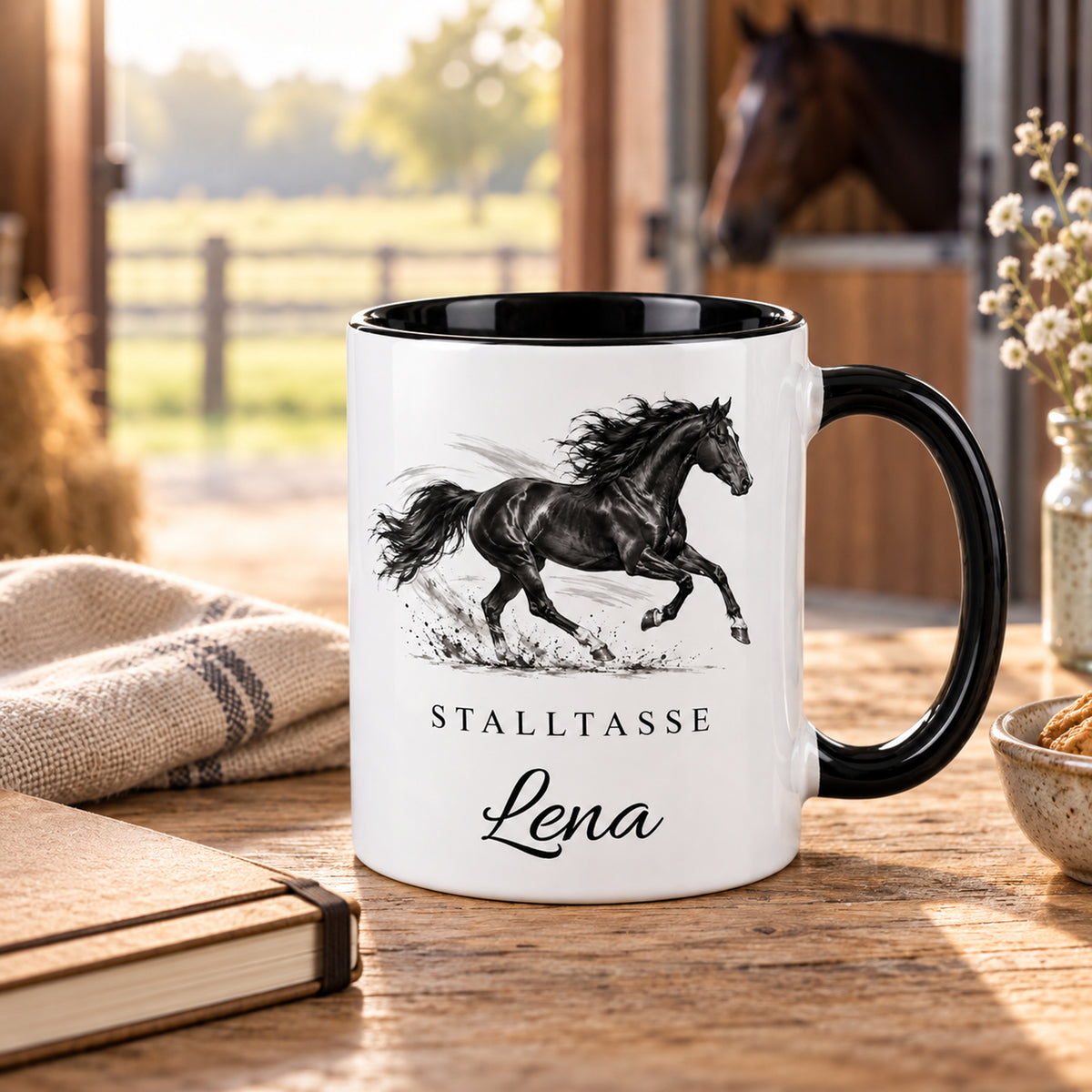 Stalltasse mit Namen Lena – Freier Galopp, schwarzer Henkel und Innenraum – Stallpause