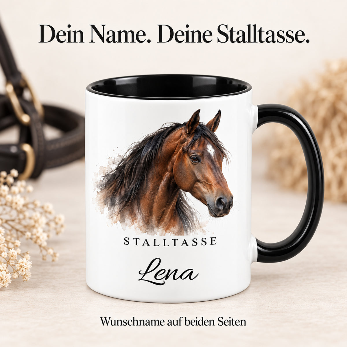 Stalltasse mit Namen Lena – Warmer Aquarellmoment, schwarzer Henkel und Innenraum – Personalisierung