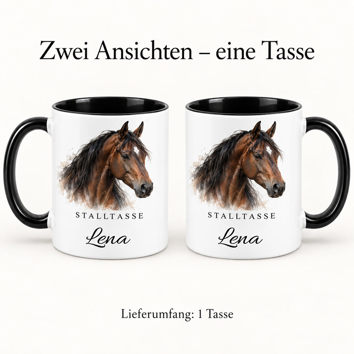 Stalltasse mit Namen Lena – Warmer Aquarellmoment, schwarzer Henkel und Innenraum – Beide Druckseiten