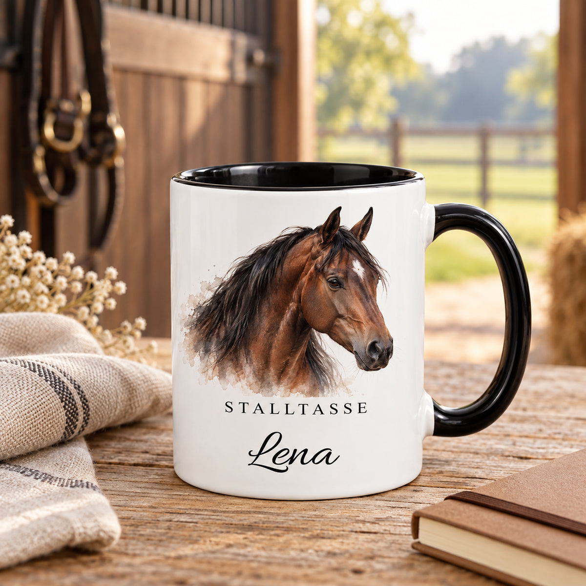 Stalltasse mit Namen Lena – Warmer Aquarellmoment, schwarzer Henkel und Innenraum – Stallpause