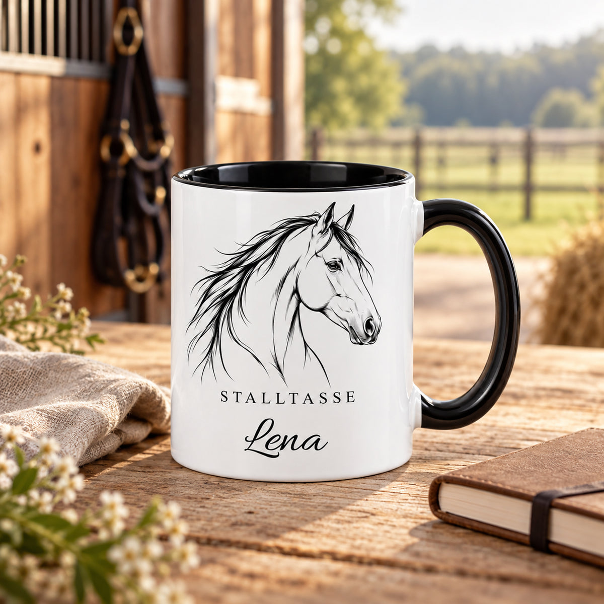 Stalltasse mit Namen Lena – Klare Pferdelinie, schwarzer Henkel und Innenraum – Stallpause
