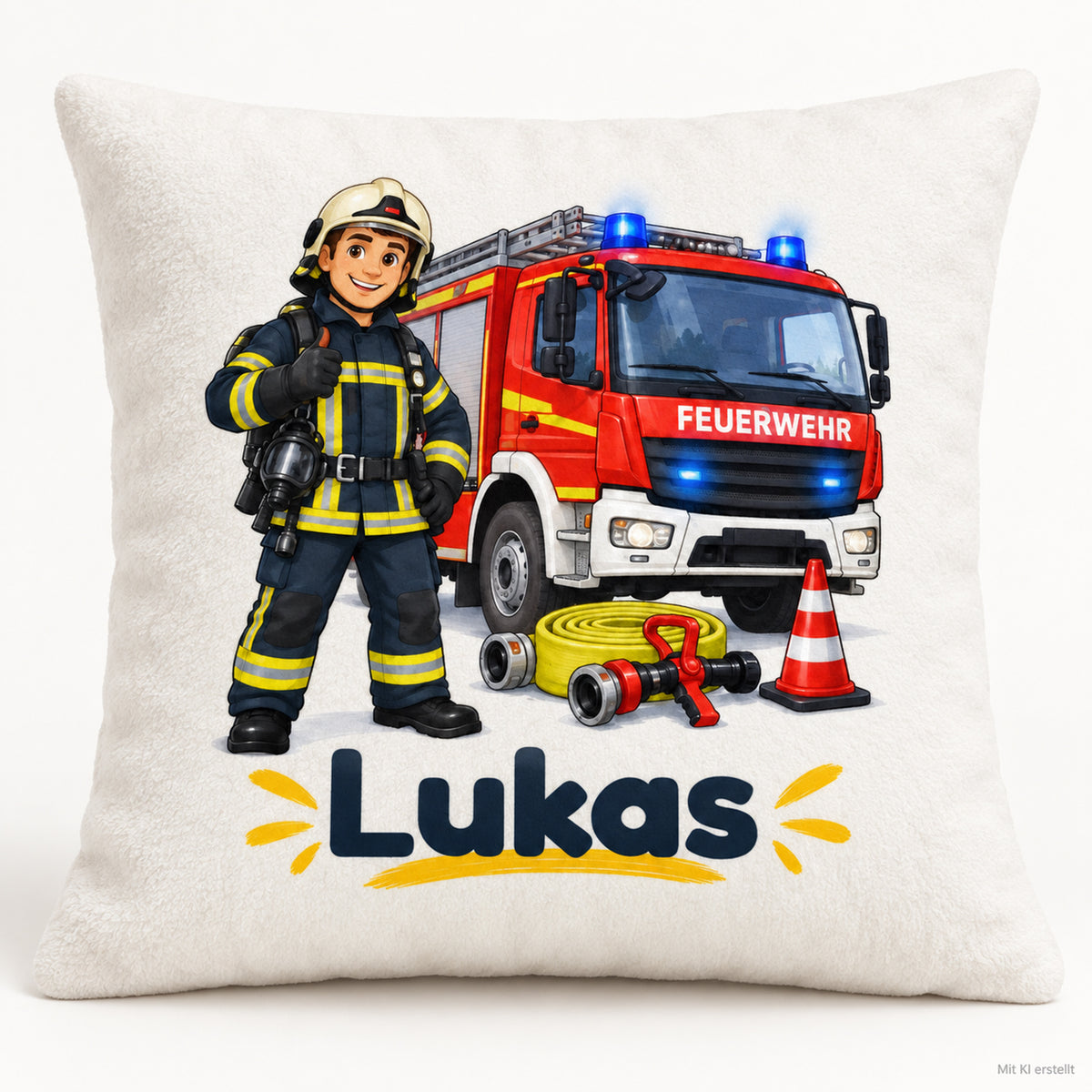 Feuerwehrmann mit Löschfahrzeug: Personalisierter Feuerwehr-Kissenbezug mit Beispielname Lukas.