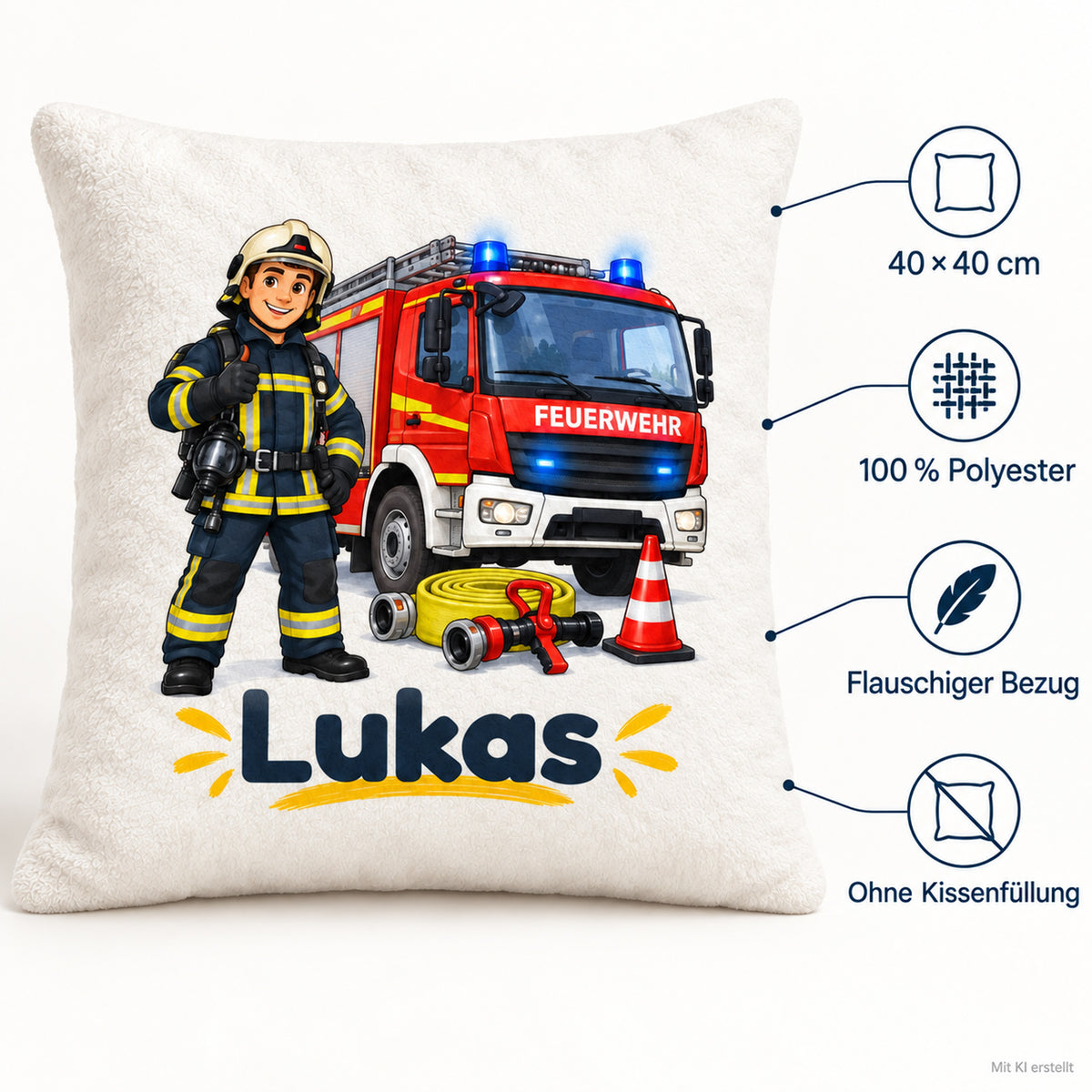 Feuerwehrmann mit Löschfahrzeug: Produktdetails: 40 × 40 cm, 100 % Polyester, ohne Füllung.