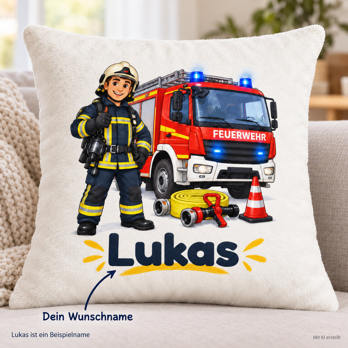 Feuerwehrmann mit Löschfahrzeug: Wunschname Lukas als Beispiel der Personalisierung.