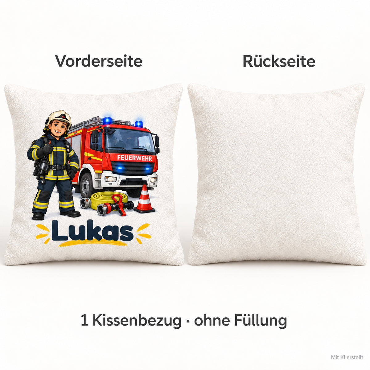 Feuerwehrmann mit Löschfahrzeug: Vorder- und Rückseite eines Kissenbezugs.