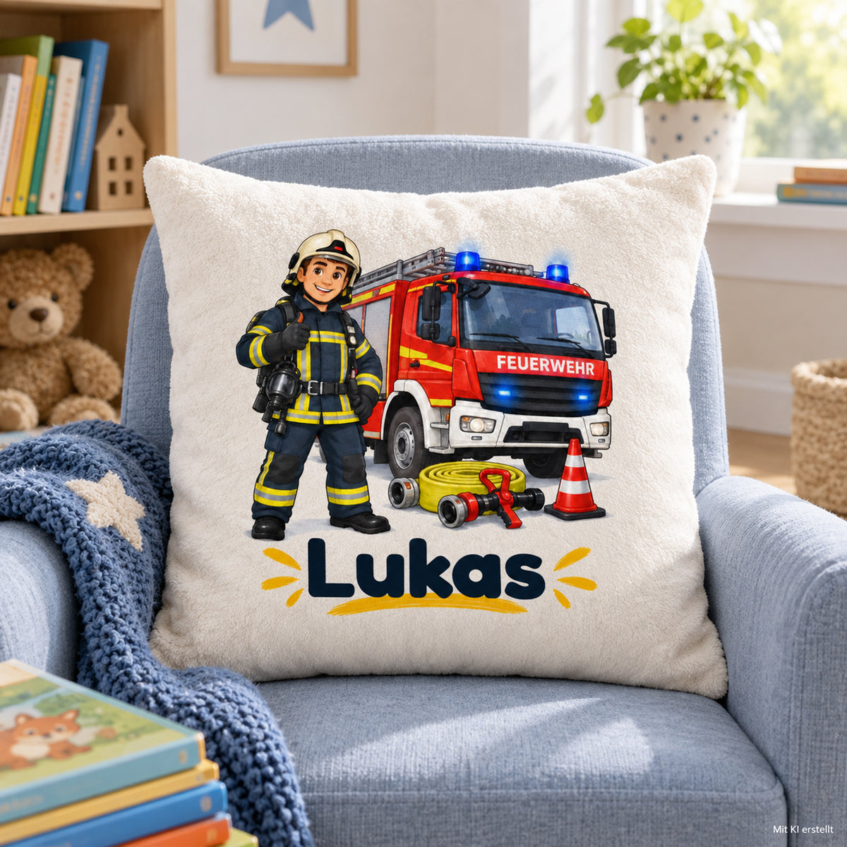 Feuerwehrmann mit Löschfahrzeug: Feuerwehr-Kissenbezug in einer Leseecke für Kinder.