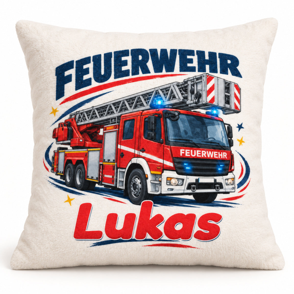 Großes Leiterfahrzeug: Personalisierter Feuerwehr-Kissenbezug mit Beispielname Lukas.