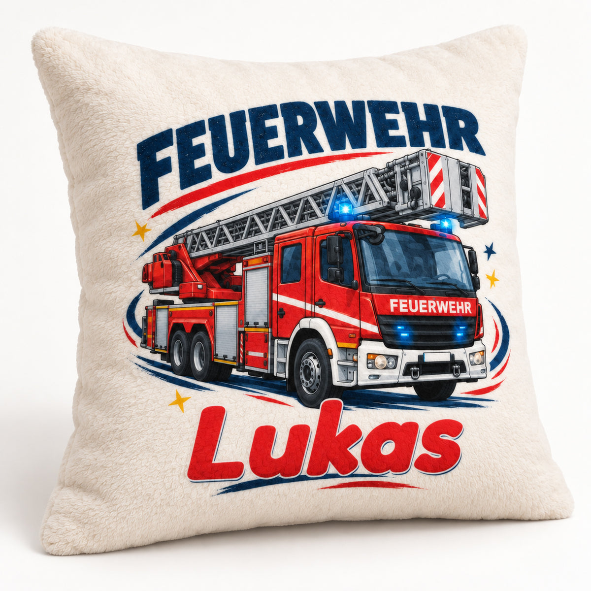 Großes Leiterfahrzeug: Schrägansicht des Feuerwehr-Kissenbezugs.