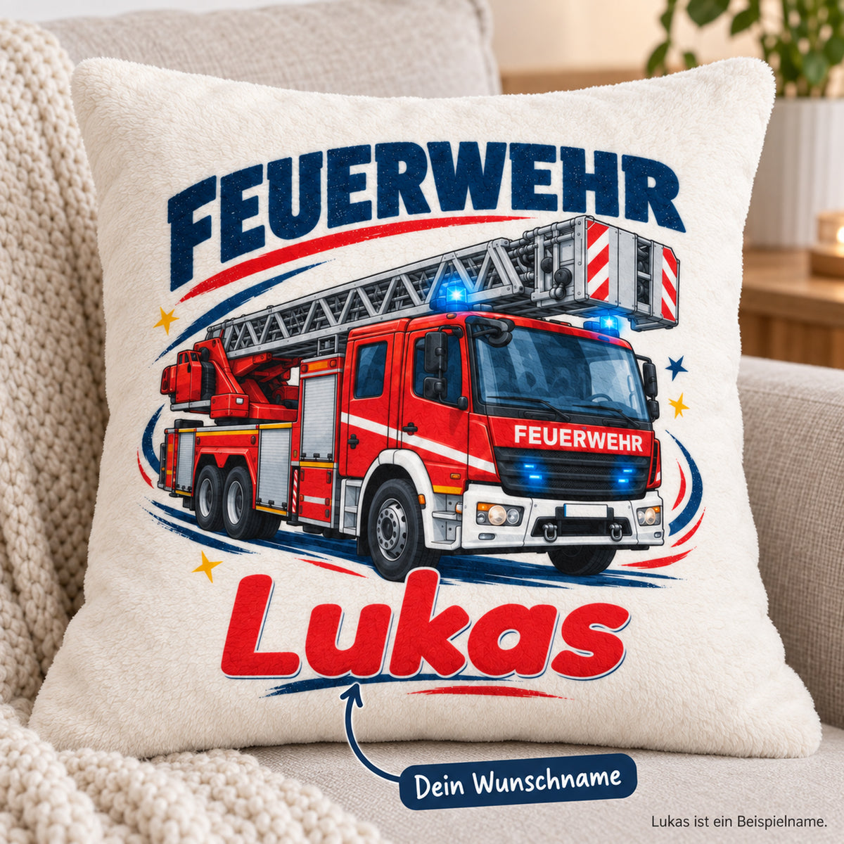 Großes Leiterfahrzeug: Wunschname Lukas als Beispiel der Personalisierung.