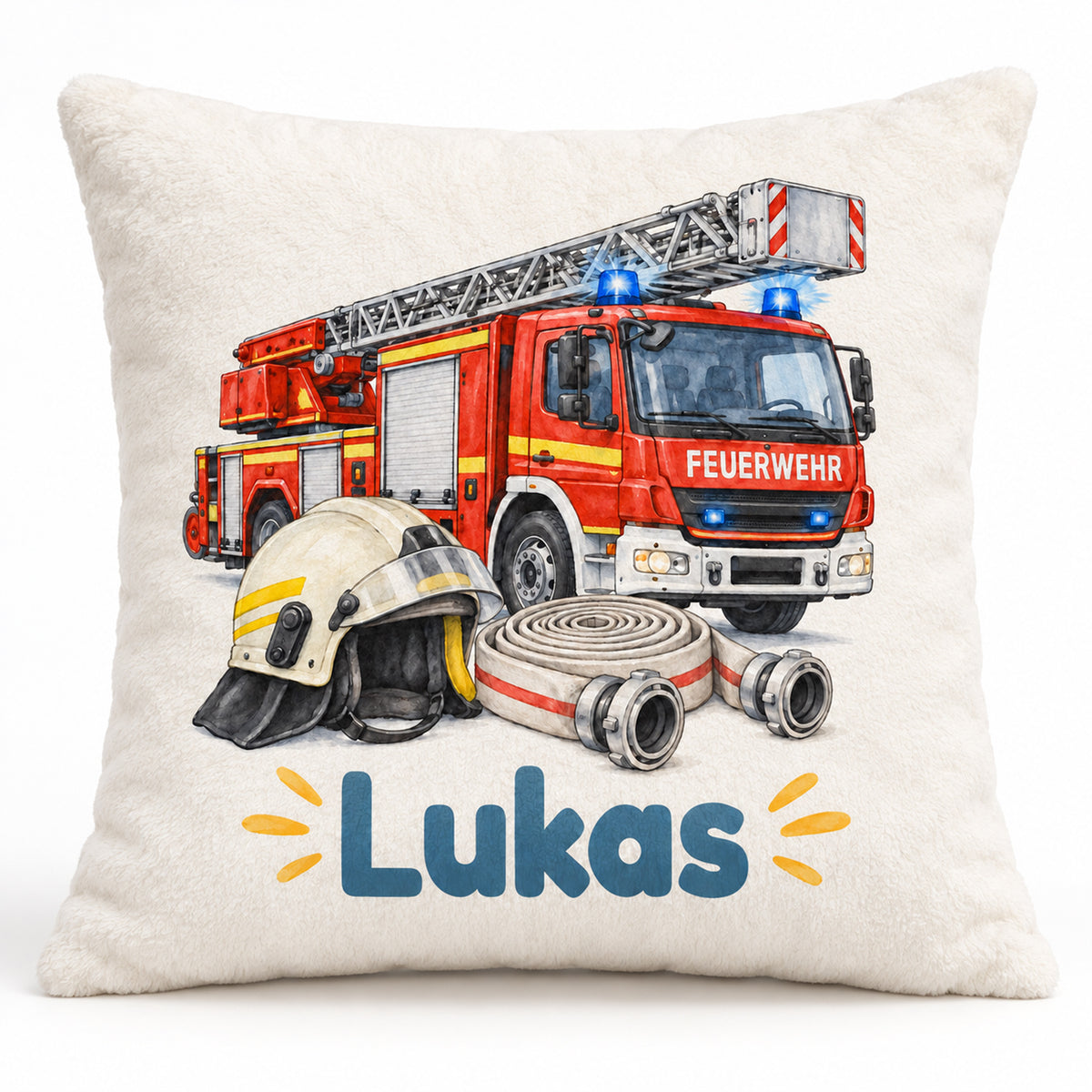 Feuerwehr in Aquarell: Personalisierter Feuerwehr-Kissenbezug mit Beispielname Lukas.