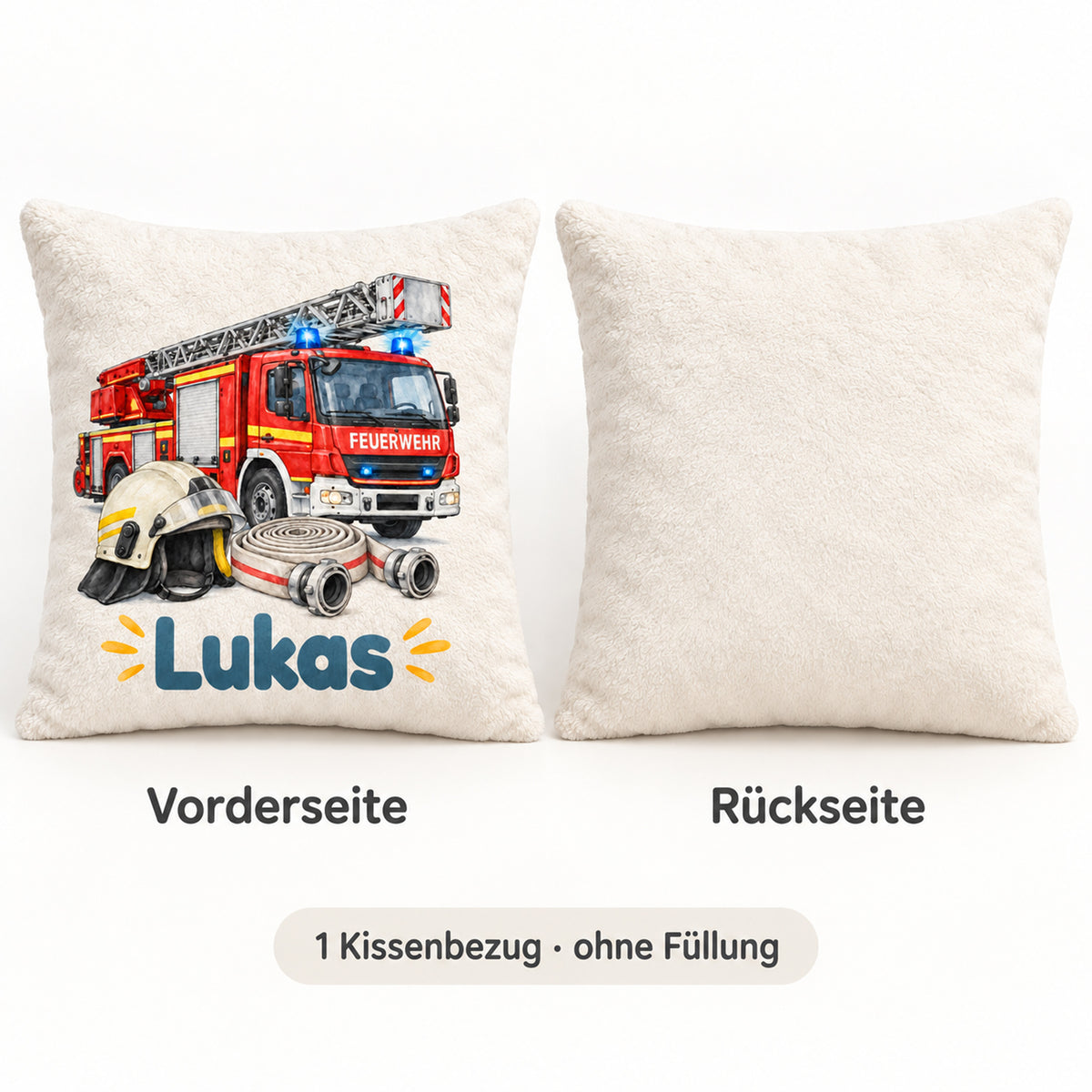 Feuerwehr in Aquarell: Vorder- und Rückseite eines Kissenbezugs.