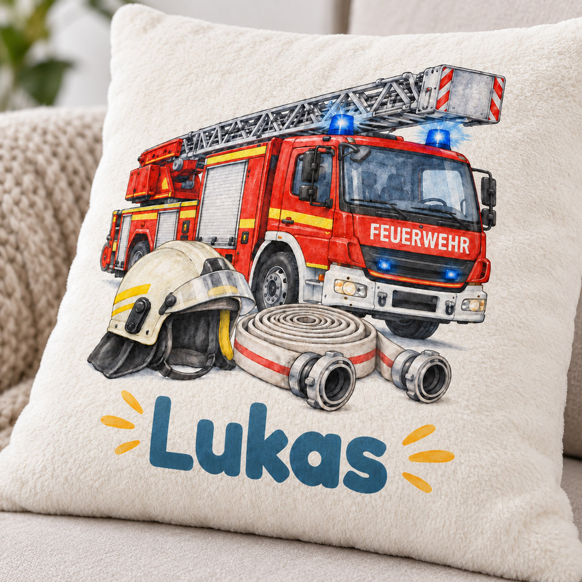 Feuerwehr in Aquarell: Nahaufnahme von Motiv und flauschigem Stoff.