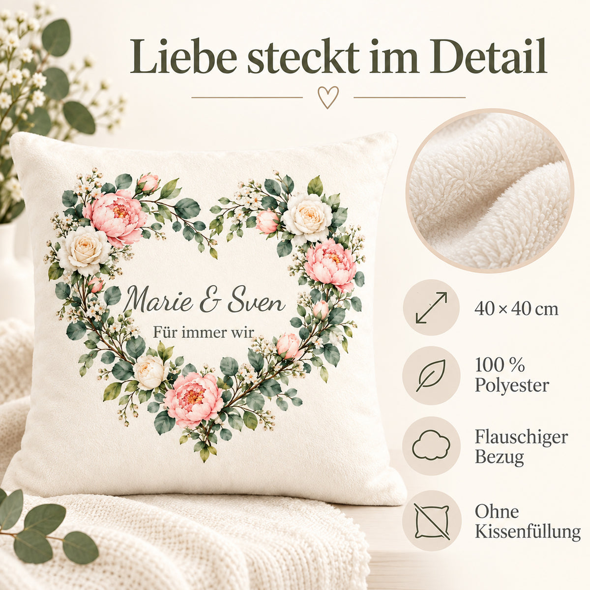 Produktdetails: Blütenherz-Kissenbezug, 40 × 40 cm, Polyester, ohne Füllung.