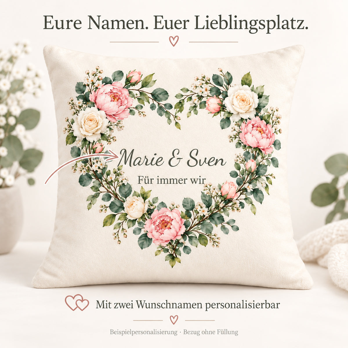 Personalisierung des Blütenherz-Kissenbezugs mit Marie & Sven.