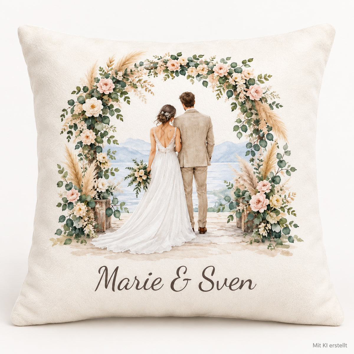 Flauschiger Hochzeitskissenbezug: Brautpaar unter Blumenbogen mit zwei Wunschnamen.
