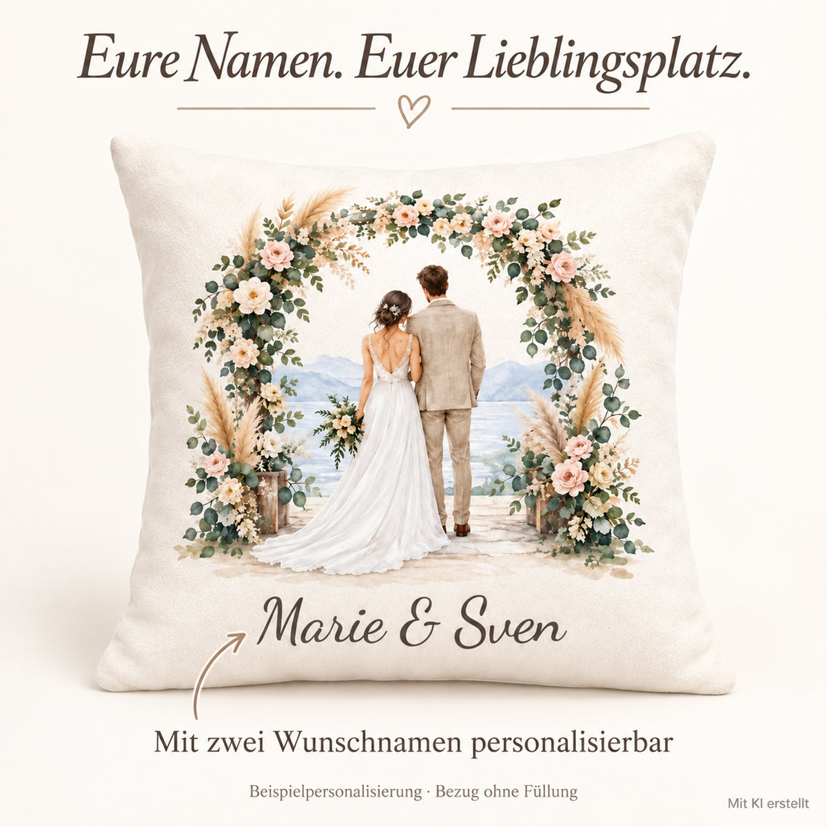 Personalisierung des Brautpaar-Kissenbezugs mit Marie & Sven.