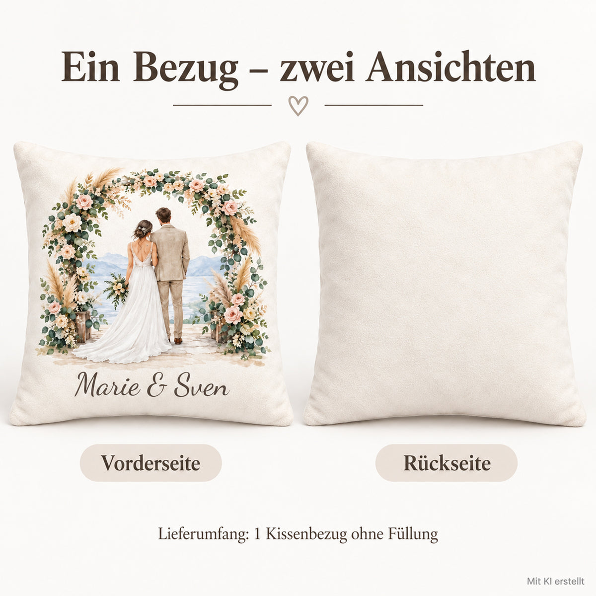 Vorder- und Rückseite desselben Brautpaar-Kissenbezugs; ein Bezug ohne Füllung.