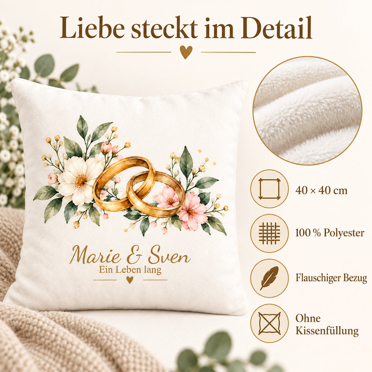 Produktdetails: Eheringe-Kissenbezug, 40 × 40 cm, Polyester, ohne Füllung.