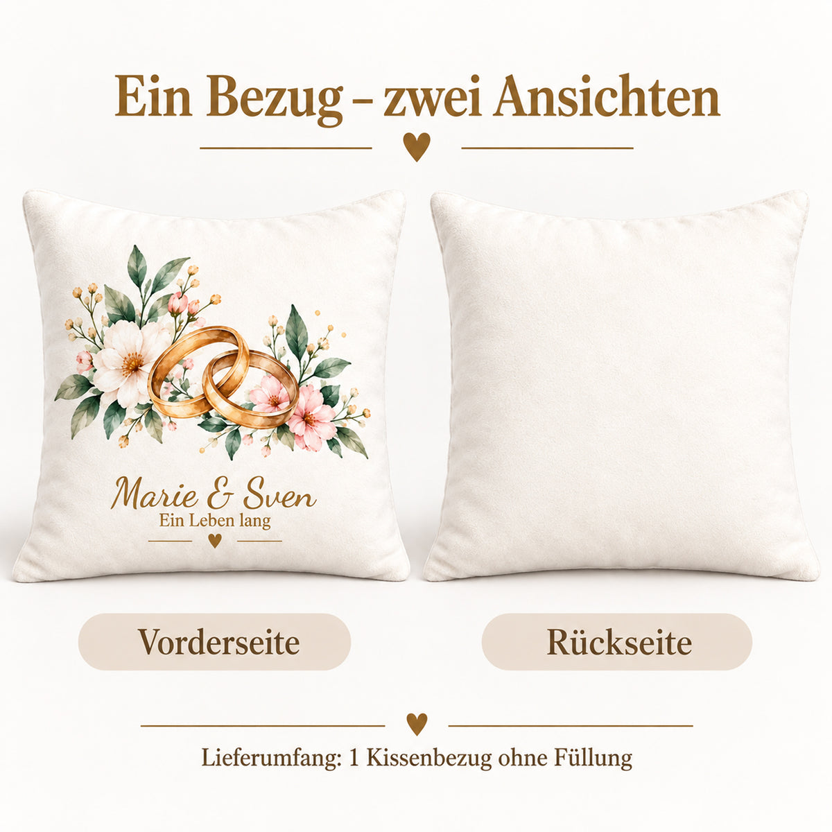 Vorder- und Rückseite desselben Eheringe-Kissenbezugs; ein Bezug ohne Füllung.