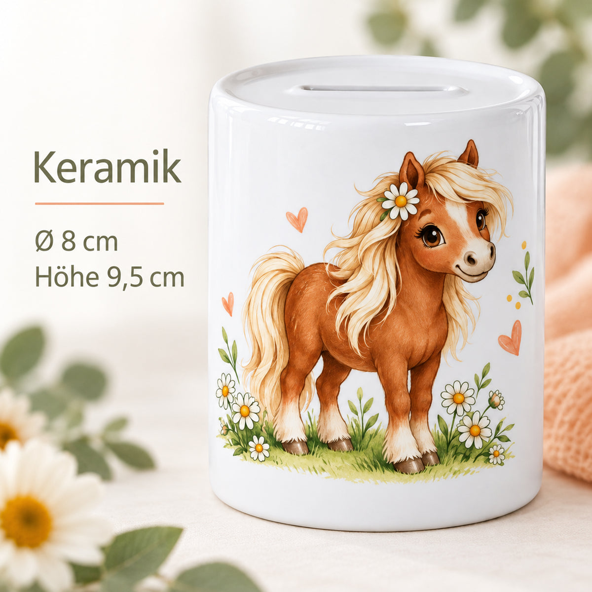 Detailansicht der Keramik-Spardose Blumenpony mit Pferdemotiv und Größenangaben: Durchmesser 8 cm, Höhe 9,5 cm.