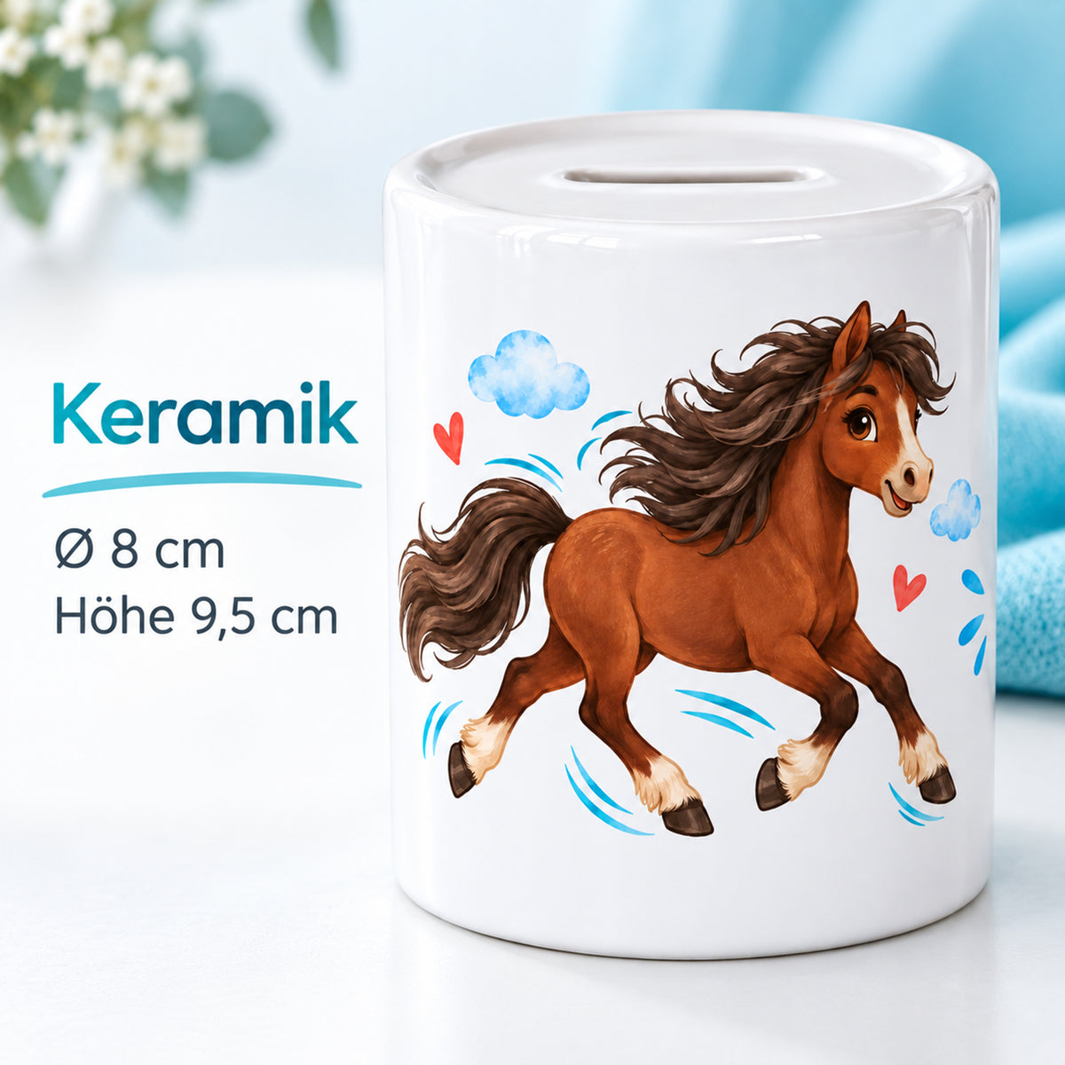 Detailansicht der Keramik-Spardose Pony-Abenteuer mit Pferdemotiv und Größenangaben: Durchmesser 8 cm, Höhe 9,5 cm.