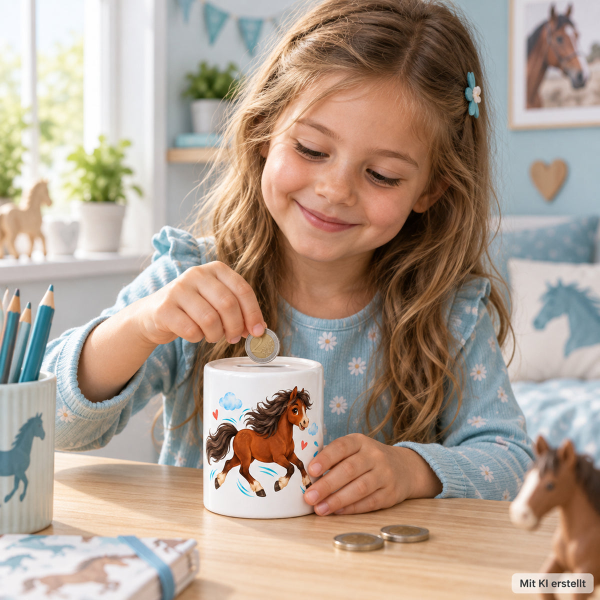 Kind wirft eine Münze in die Pferde-Spardose Pony-Abenteuer. Mit KI erstellt.