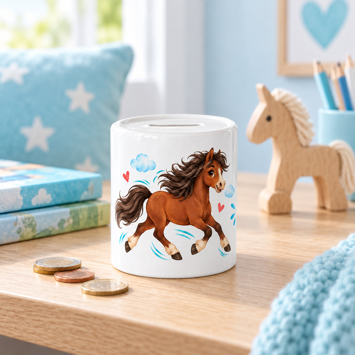 Spardose Pony-Abenteuer mit Pferdemotiv auf einer Holzfläche in einem hellen Kinderzimmer.