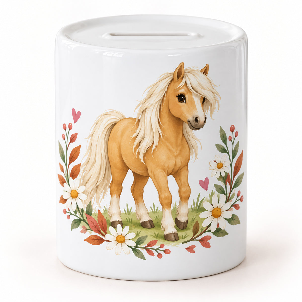 Spardose Mein Ponyglück mit goldfarbenem Pony und einem Blütenbogen vor hellem Hintergrund.