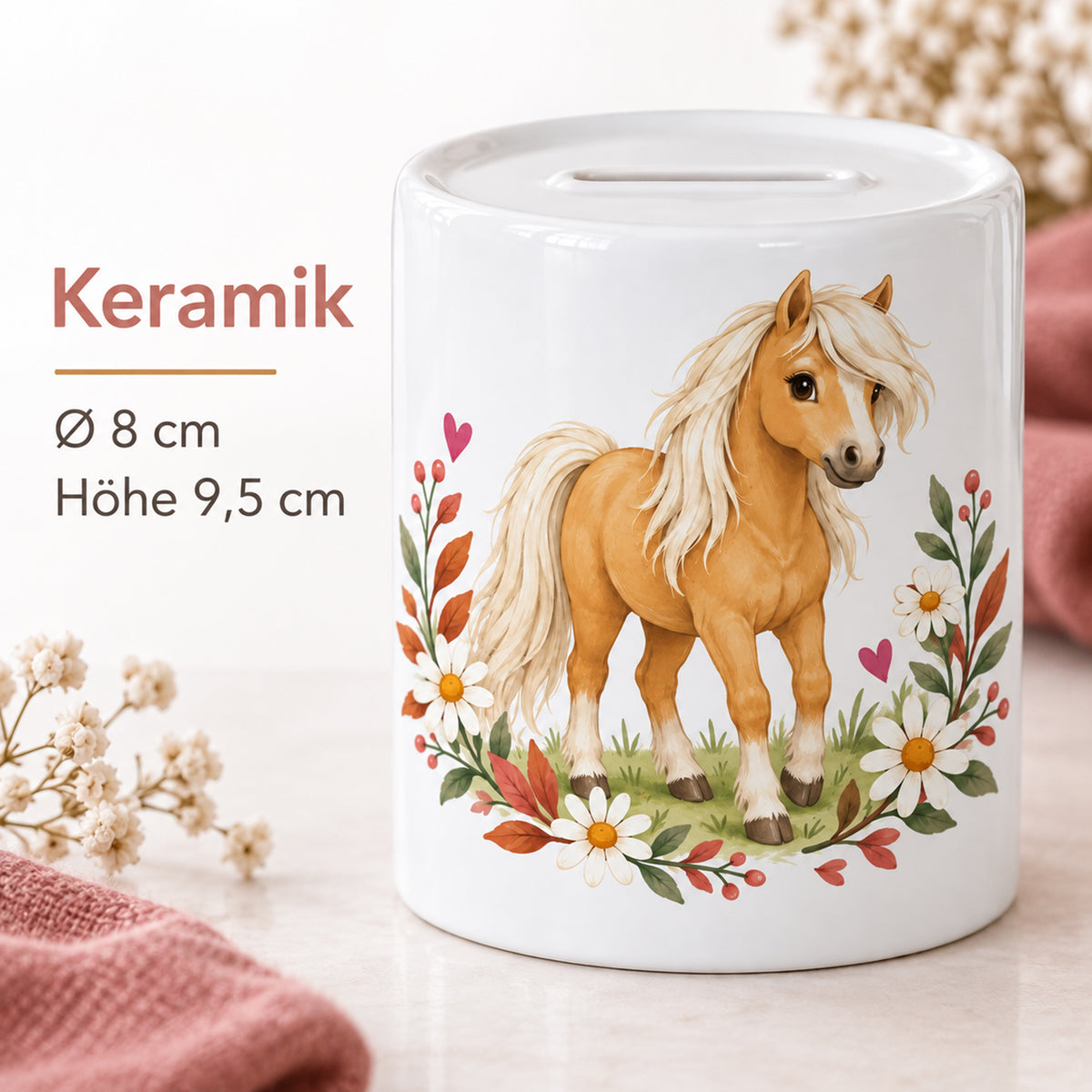 Detailansicht der Keramik-Spardose Mein Ponyglück mit Pferdemotiv und Größenangaben: Durchmesser 8 cm, Höhe 9,5 cm.