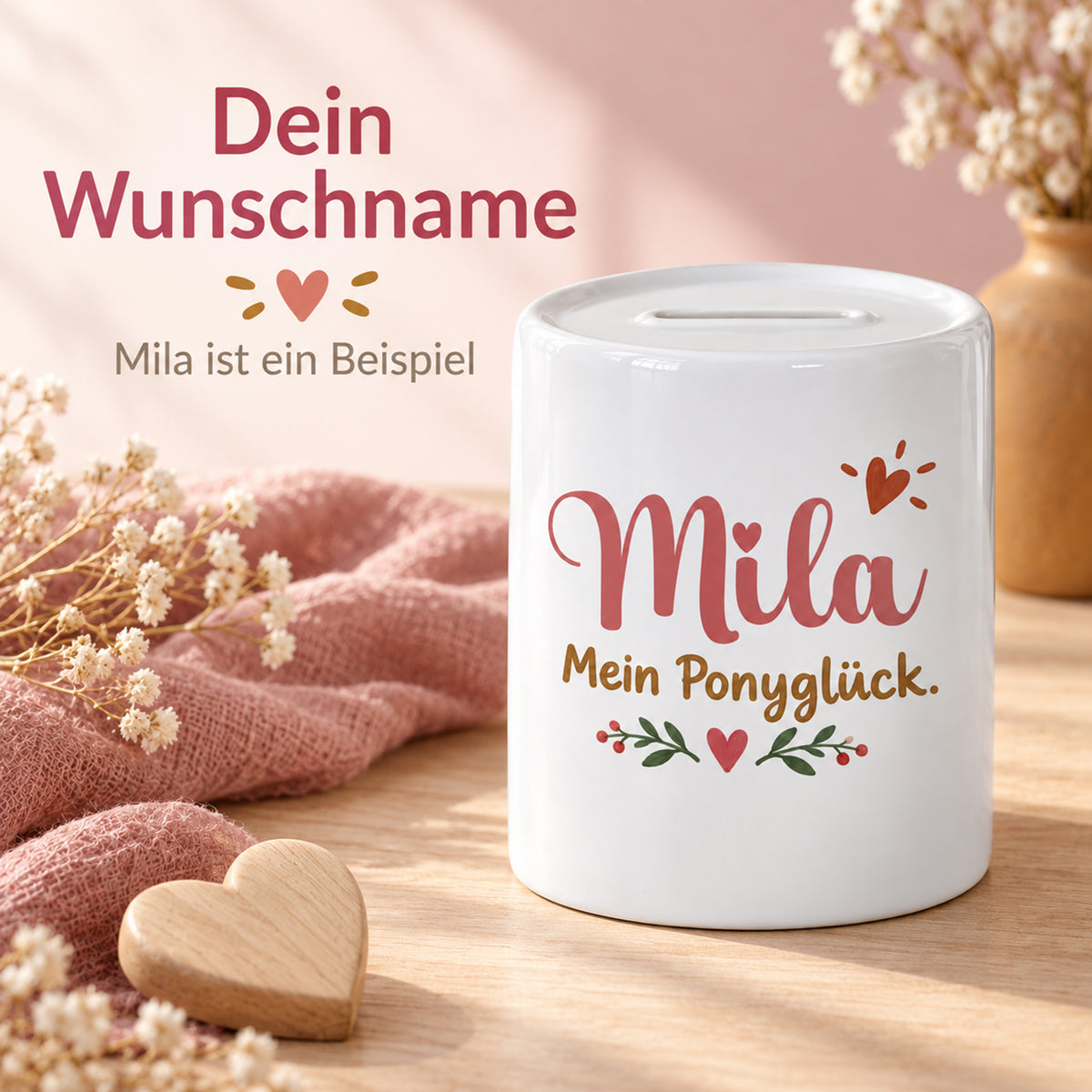 Wunschname auf der Spardose Mein Ponyglück, gezeigt am Beispielnamen Mila.