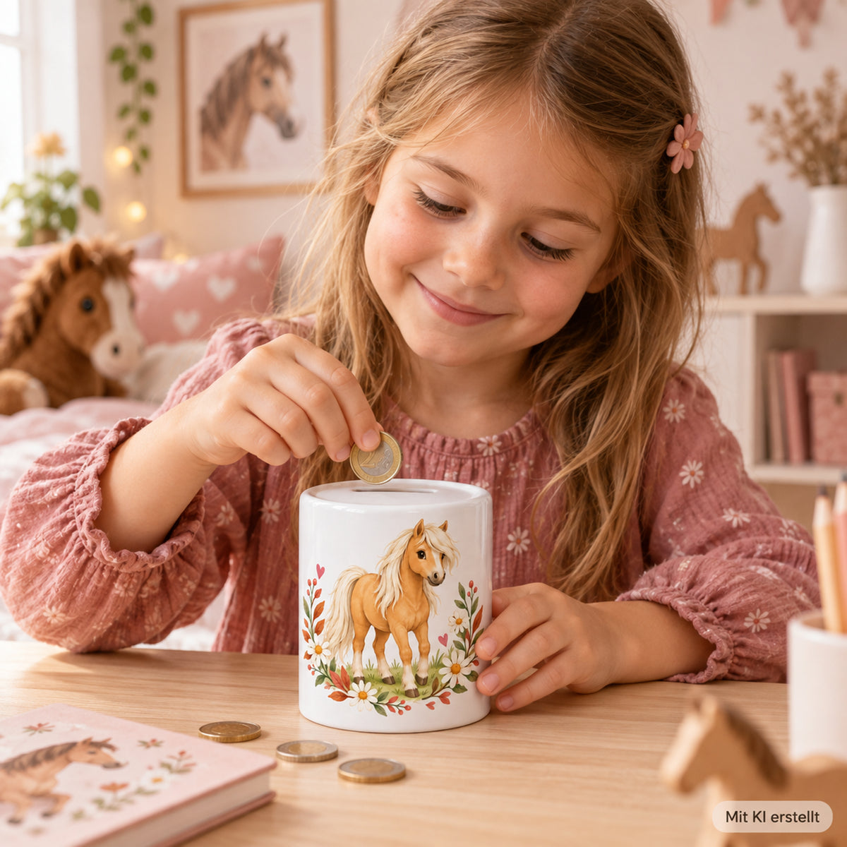 Kind wirft eine Münze in die Pferde-Spardose Mein Ponyglück. Mit KI erstellt.