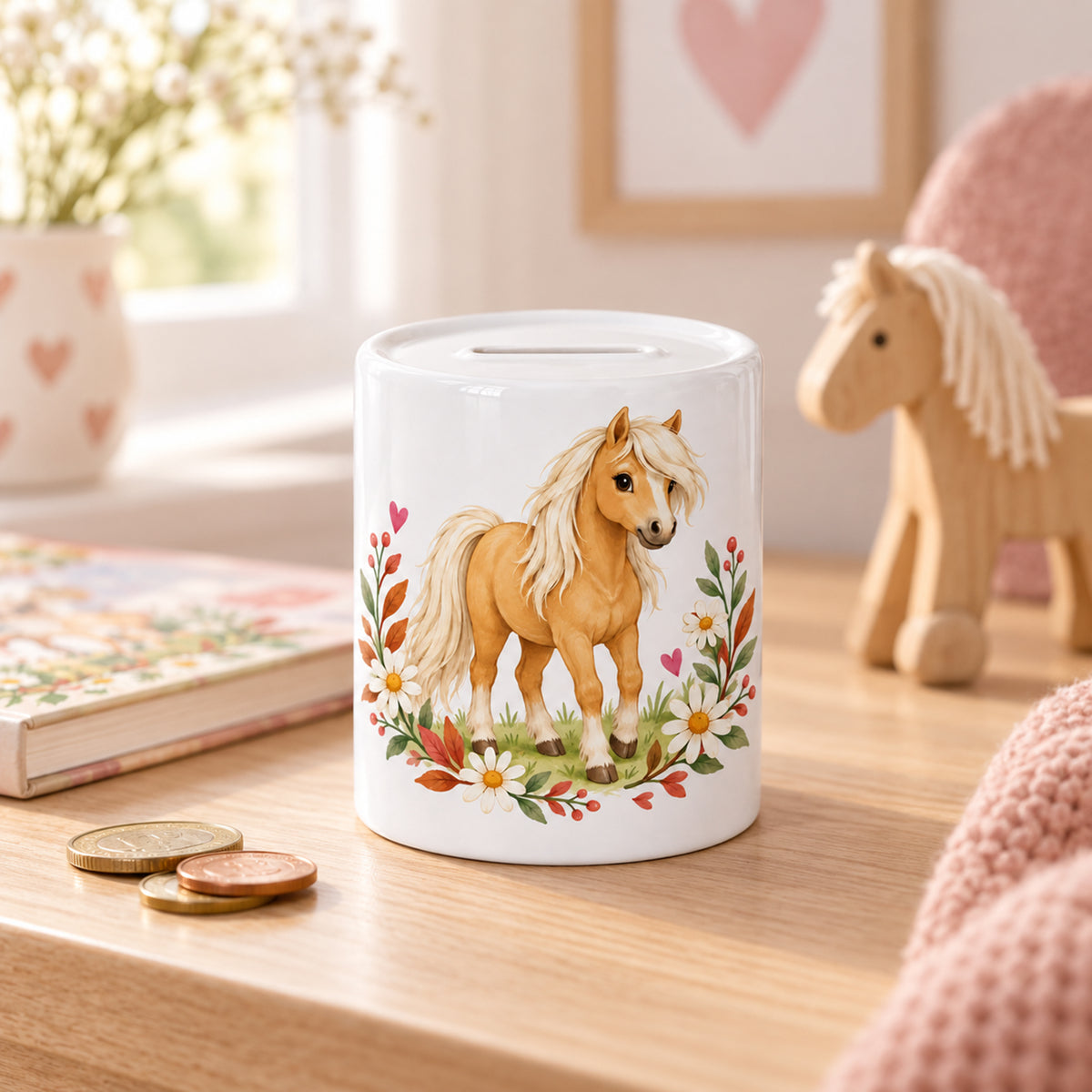 Spardose Mein Ponyglück mit Pferdemotiv auf einer Holzfläche in einem hellen Kinderzimmer.