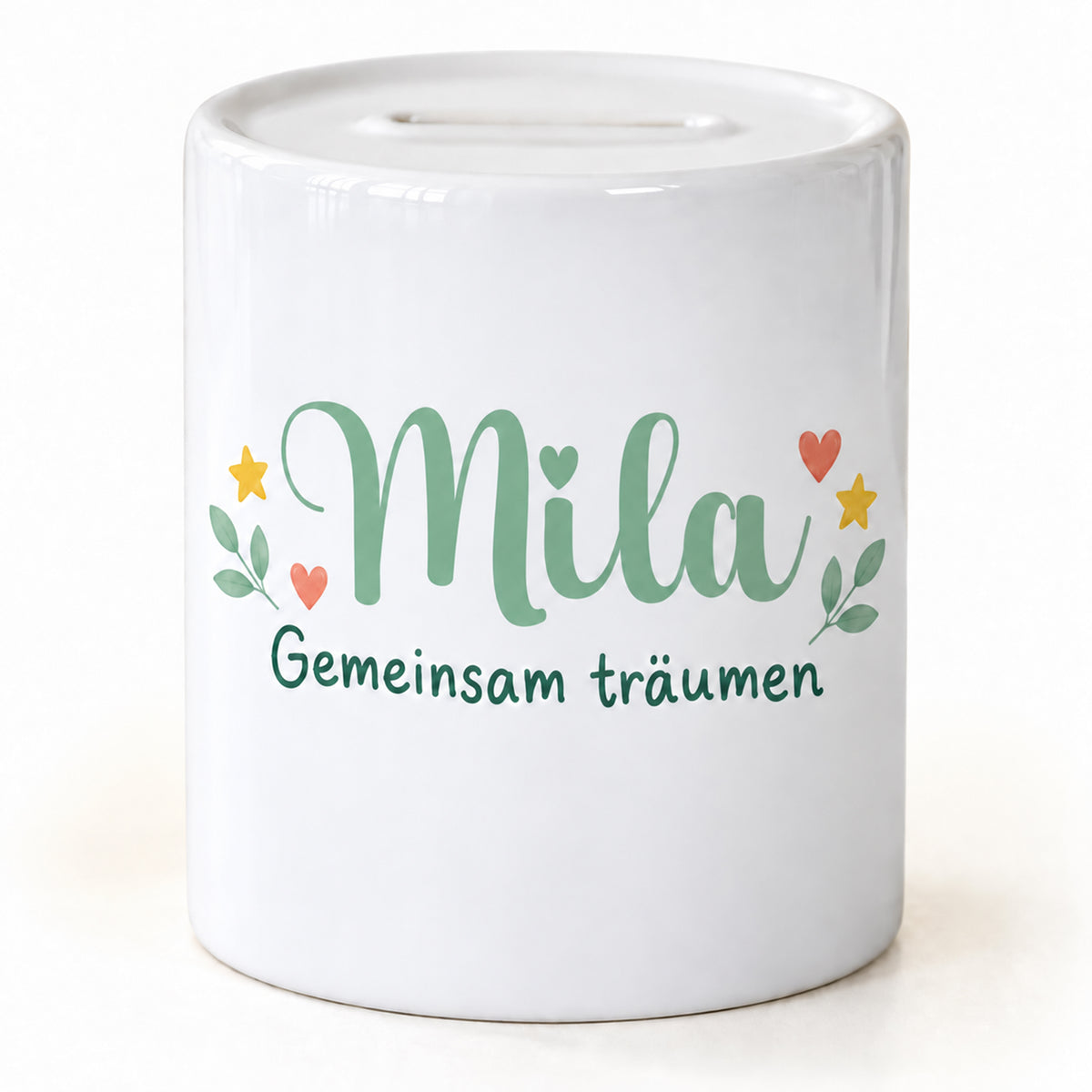 Namensseite der Spardose Pony-Freunde mit Beispielname Mila und dem Spruch „Gemeinsam träumen“.