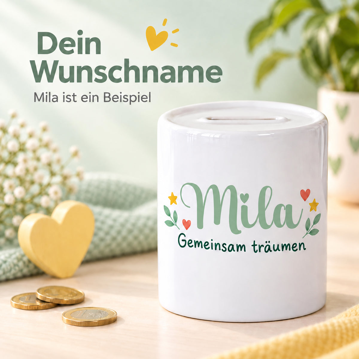Wunschname auf der Spardose Pony-Freunde, gezeigt am Beispielnamen Mila.