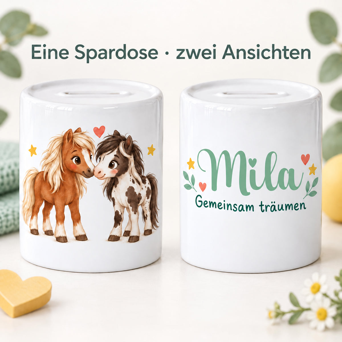 Motivseite und Namensseite derselben Spardose Pony-Freunde nebeneinander, mit Hinweis auf zwei Ansichten eines Artikels.