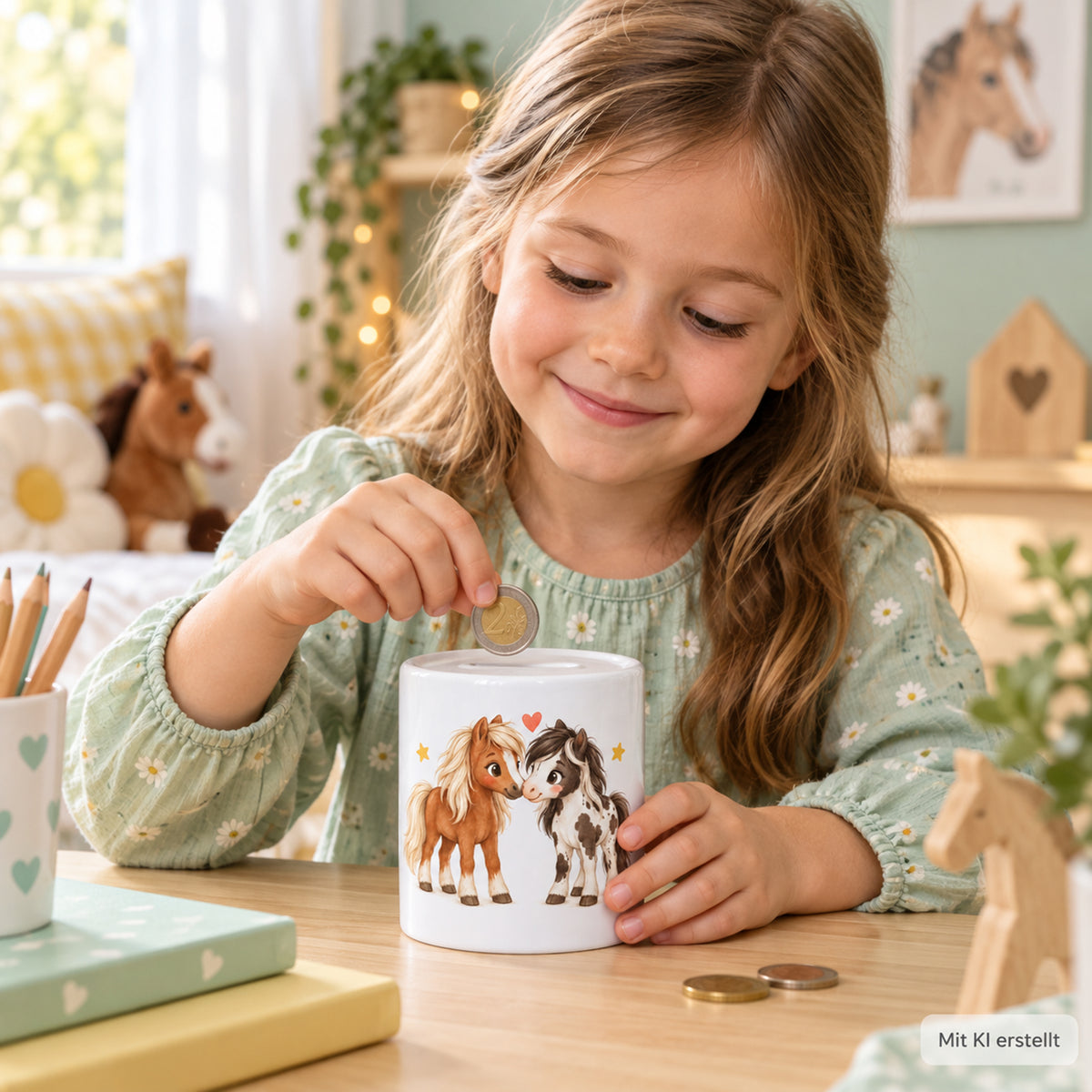 Kind wirft eine Münze in die Pferde-Spardose Pony-Freunde. Mit KI erstellt.
